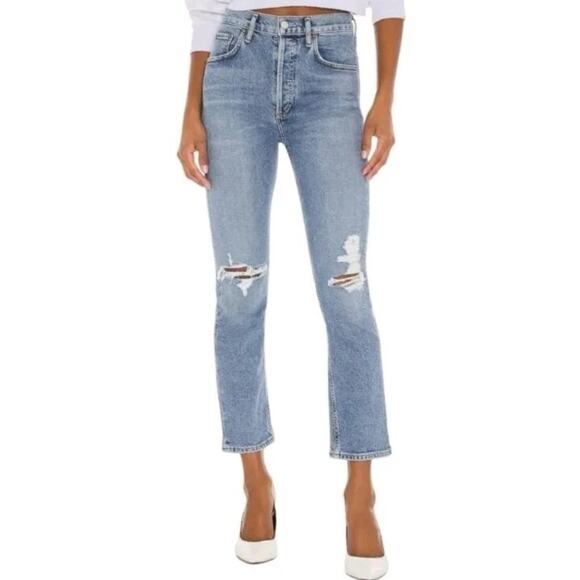 AGOLDE Jeans‎ Riley High Rise Straight Crop Size 26 Distressed Denim - Picture 1 of 7
